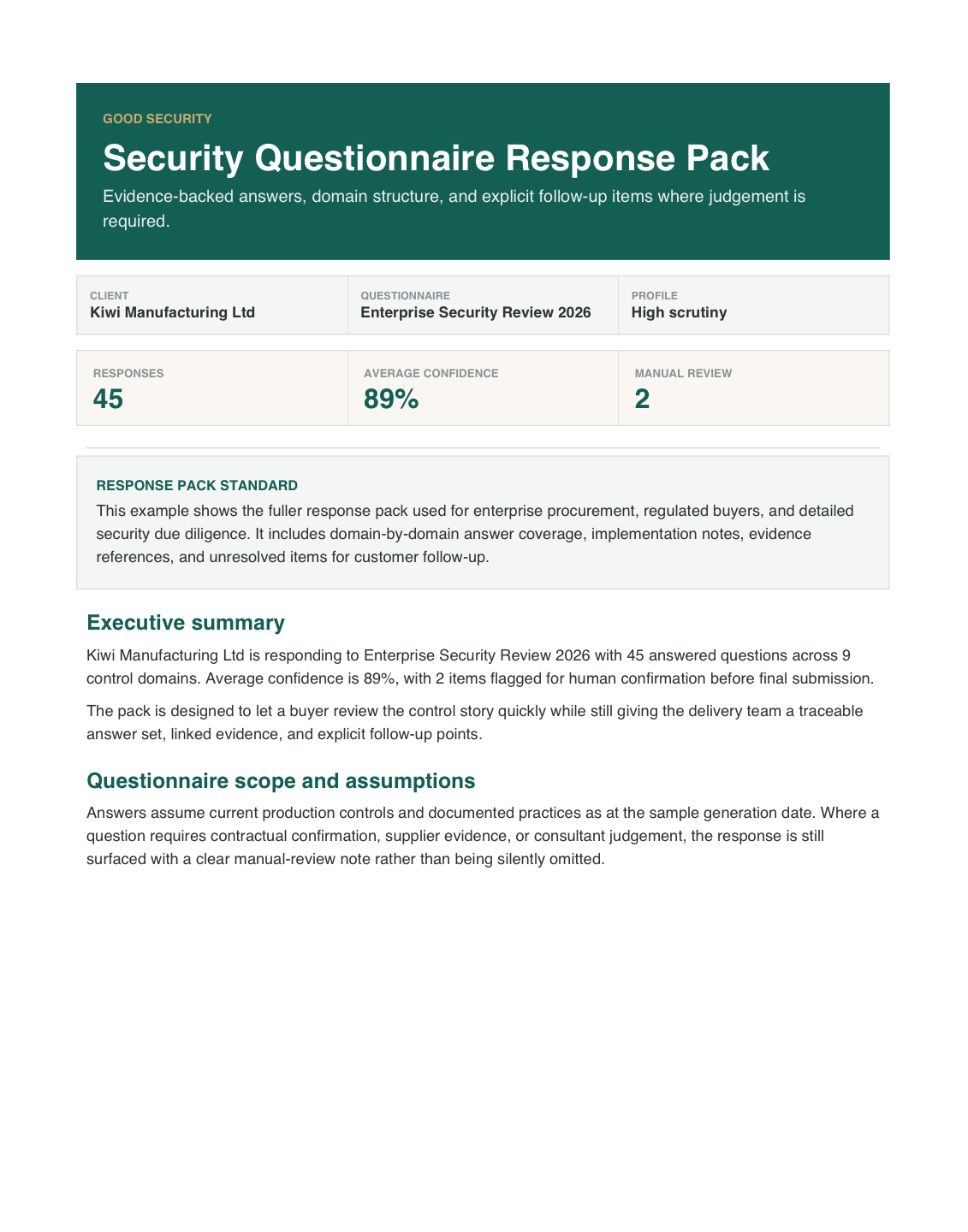 High-Scrutiny Questionnaire Response Sample preview